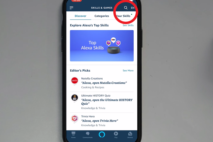 magnifying glass or search icon in alexa app